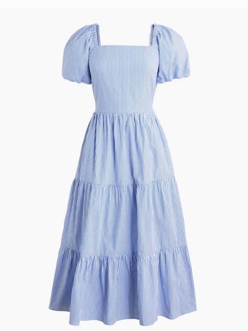 J. Crew Blue and White Striped Tiered Midi Dress with Puff Sleeves (Size 8)